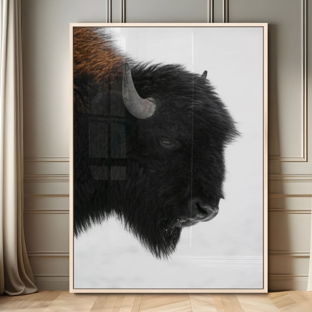 Western Rustic Wall Art Canvas Print, Framed Black and White Buffalo Photography, Wildlife Country Decor