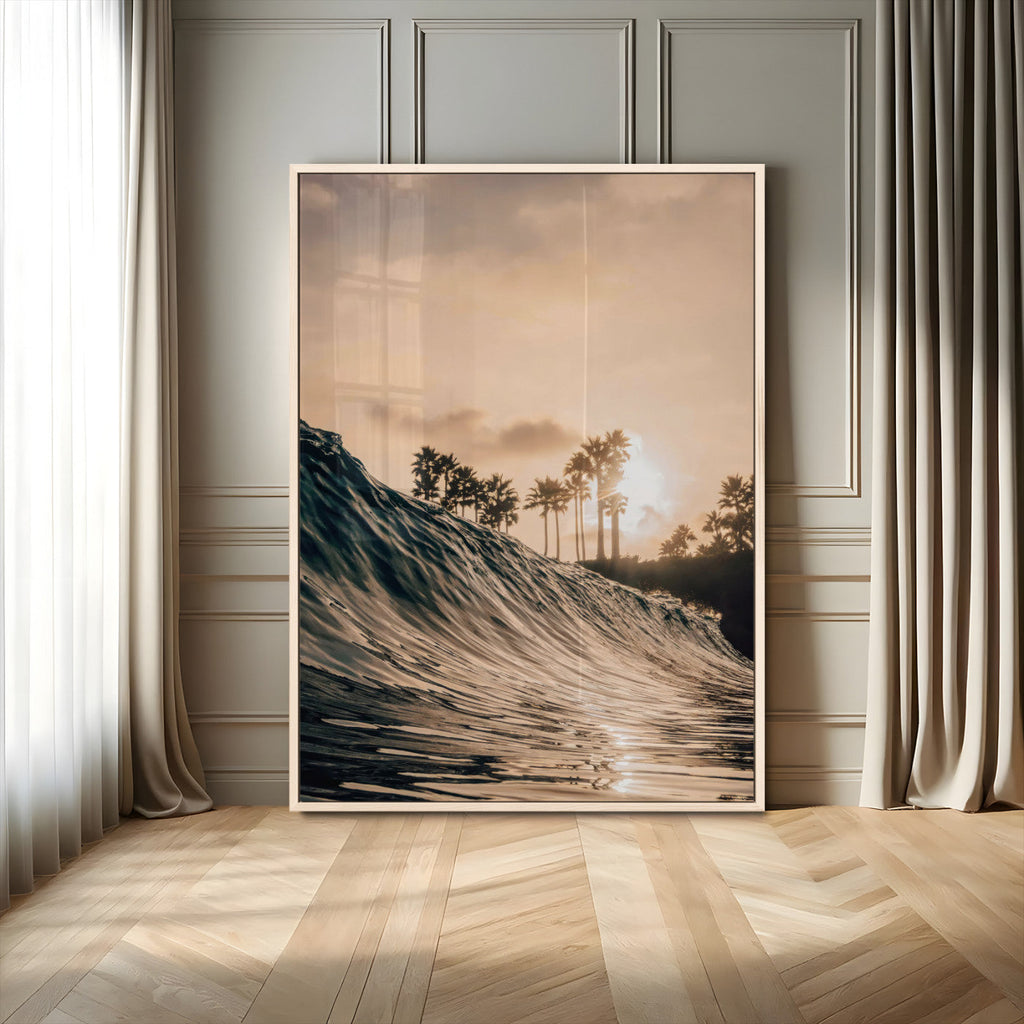 Sunset Wave Ocean Wall Art | Framed Palm Tree Canvas
