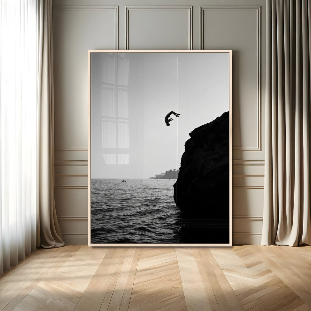 Silhouette Cliff Diver Wall Art | Framed Black White Ocean Canvas