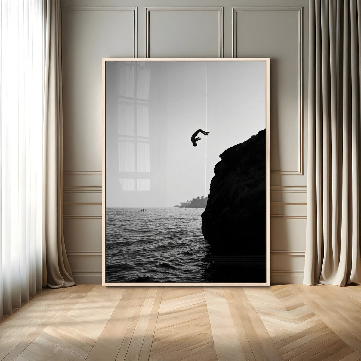 Silhouette Cliff Diver Wall Art | Framed Black White Ocean Canvas