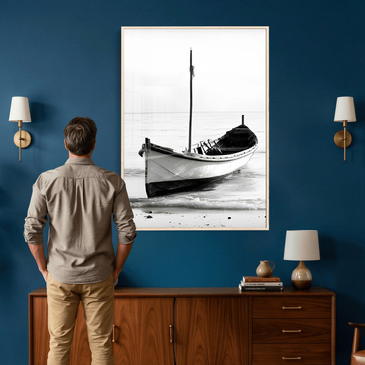 Minimal Boat Wall Art Canvas Print | Black and White Coastal Photography
