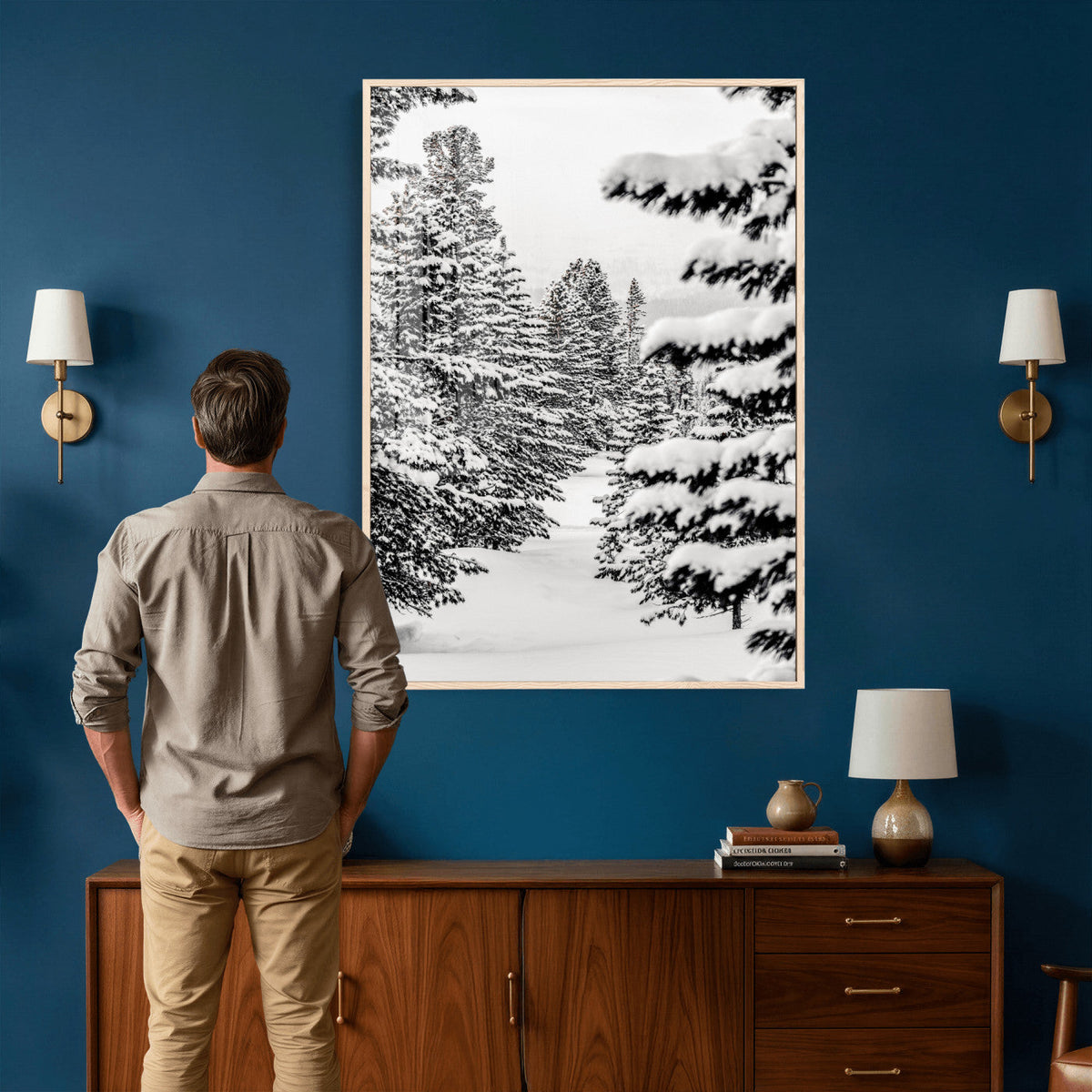 Winter Pine Forest Wall Art Canvas Print, Minimal Winter Landscape