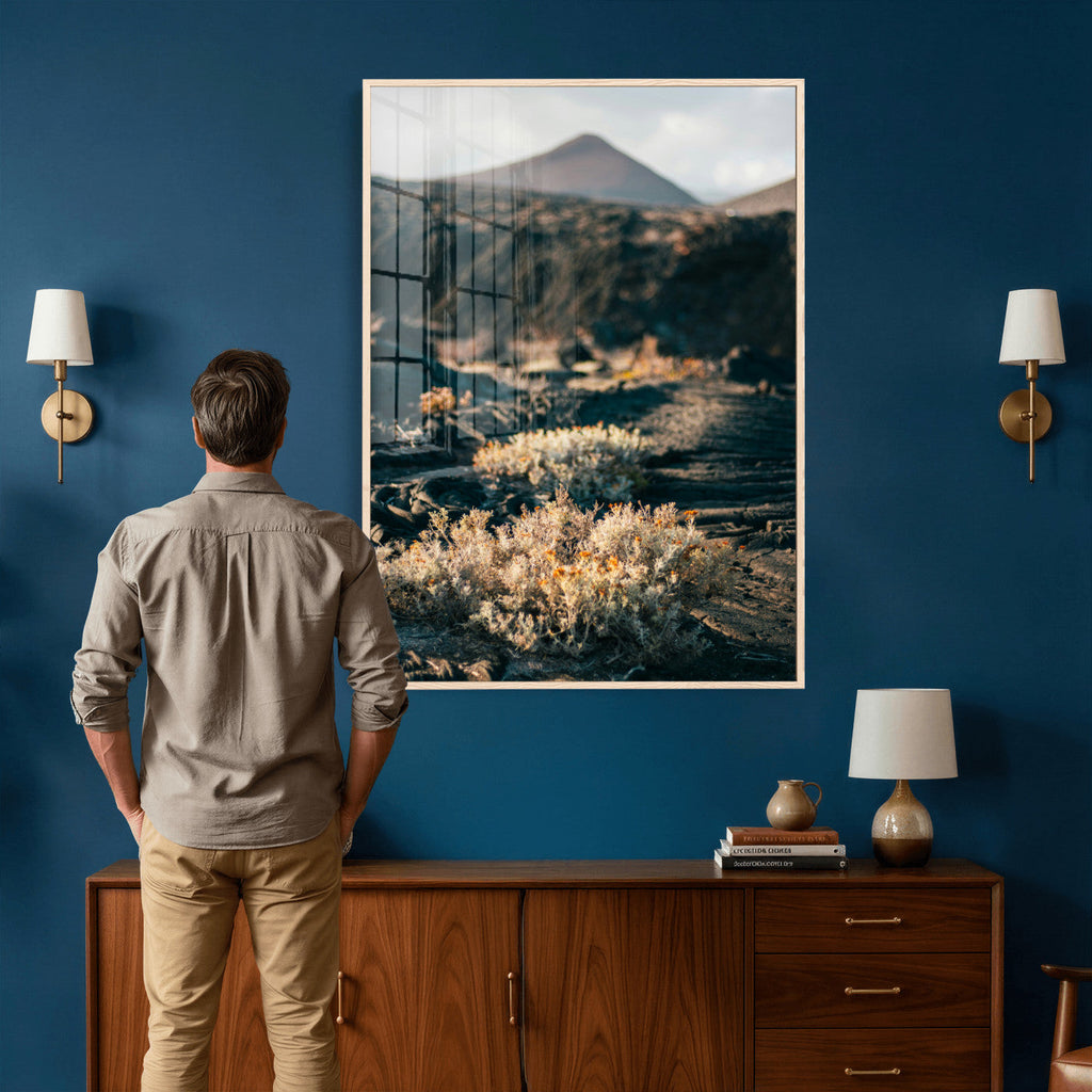 Desert Wall Art Canvas Print, Volcanic Landscape with Soft Wildflowers