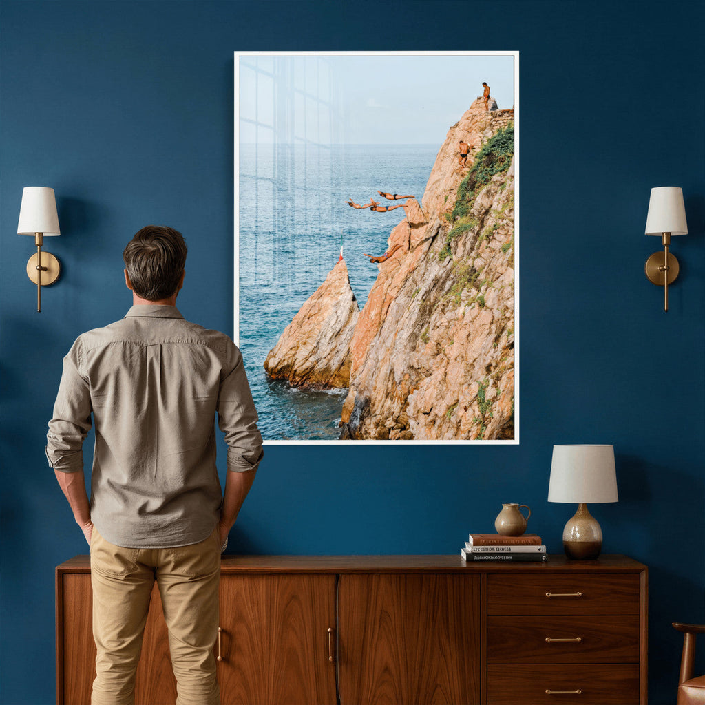 Cliff Dive Wall Art | Ocean Jump Canvas Print, Blue Sky