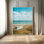 Coastal Serenity Wall Art Canvas Print, Framed Ocean View Art, Rustic Boat Nautical Coastal Decor