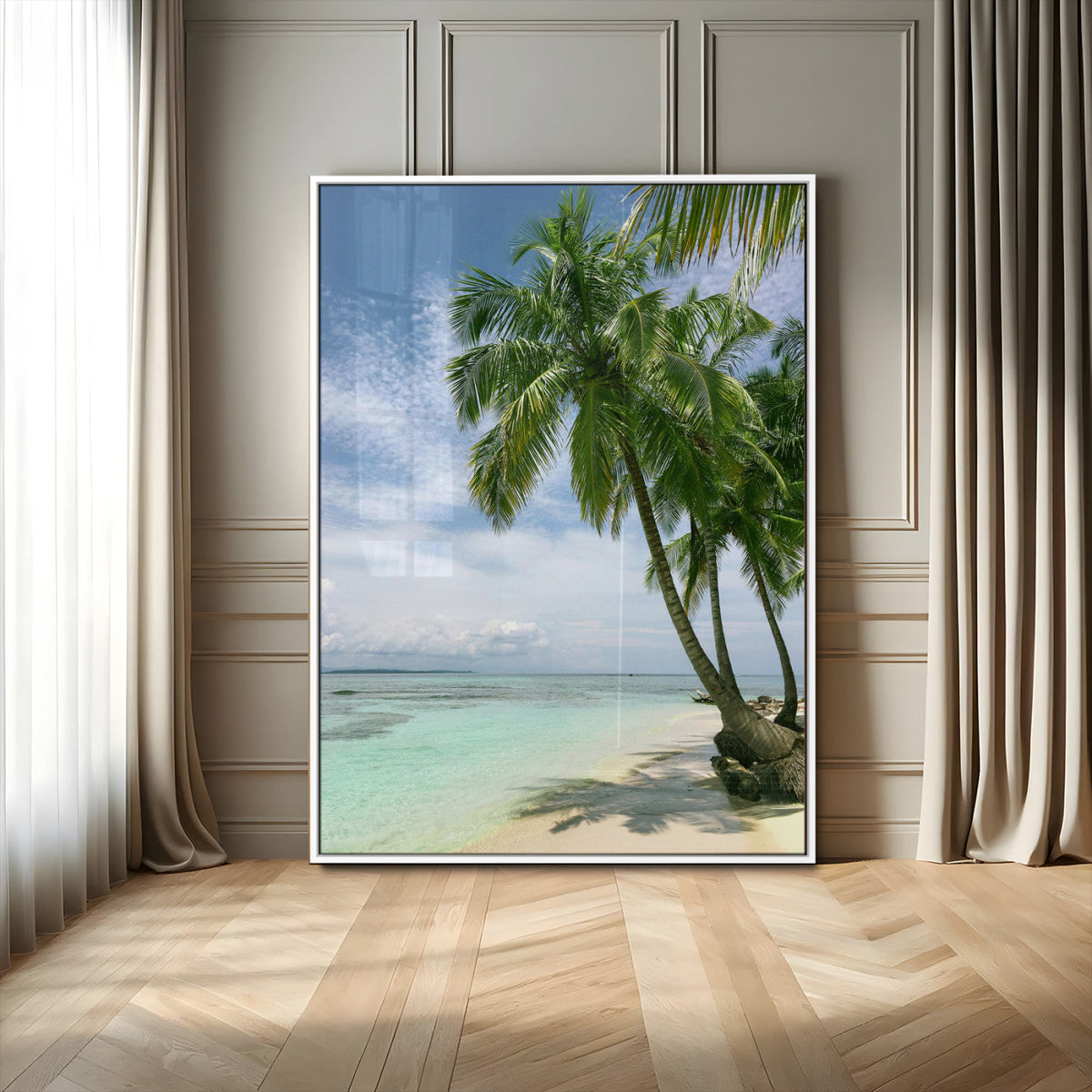 Tropical Beach Palm Trees Canvas Print, Framed Island Coastal Wall Art Ocean Horizon