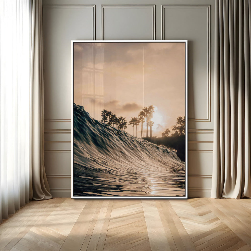 Sunset Wave Ocean Wall Art | Framed Palm Tree Canvas