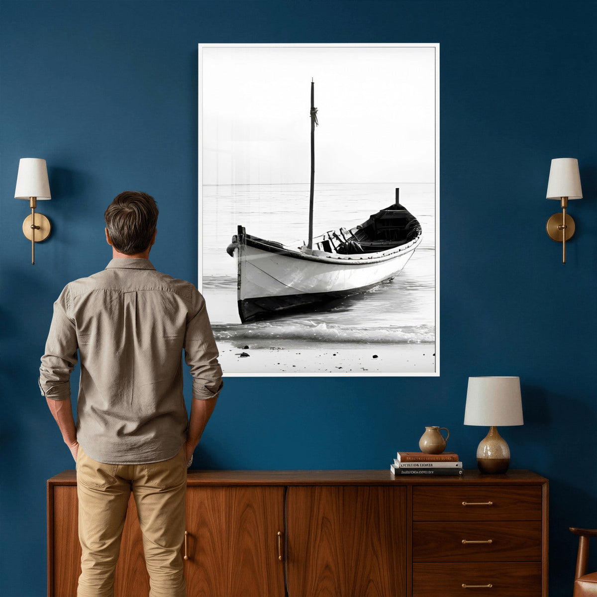 Minimal Boat Wall Art Canvas Print | Black and White Coastal Photography