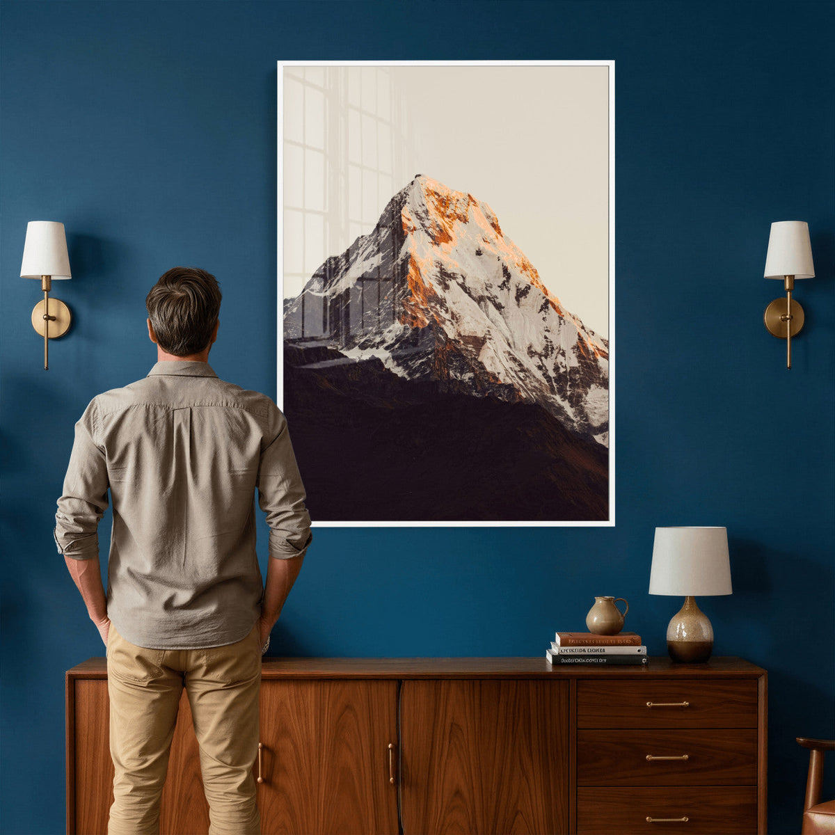 Golden Peak Mountain Wall Art Canvas Print, Minimal Alpine Landscape