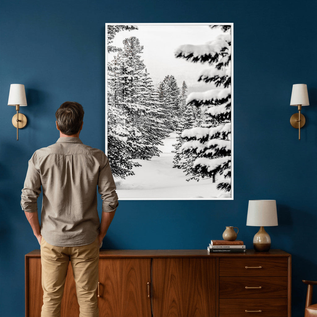 Winter Pine Forest Wall Art Canvas Print, Minimal Winter Landscape