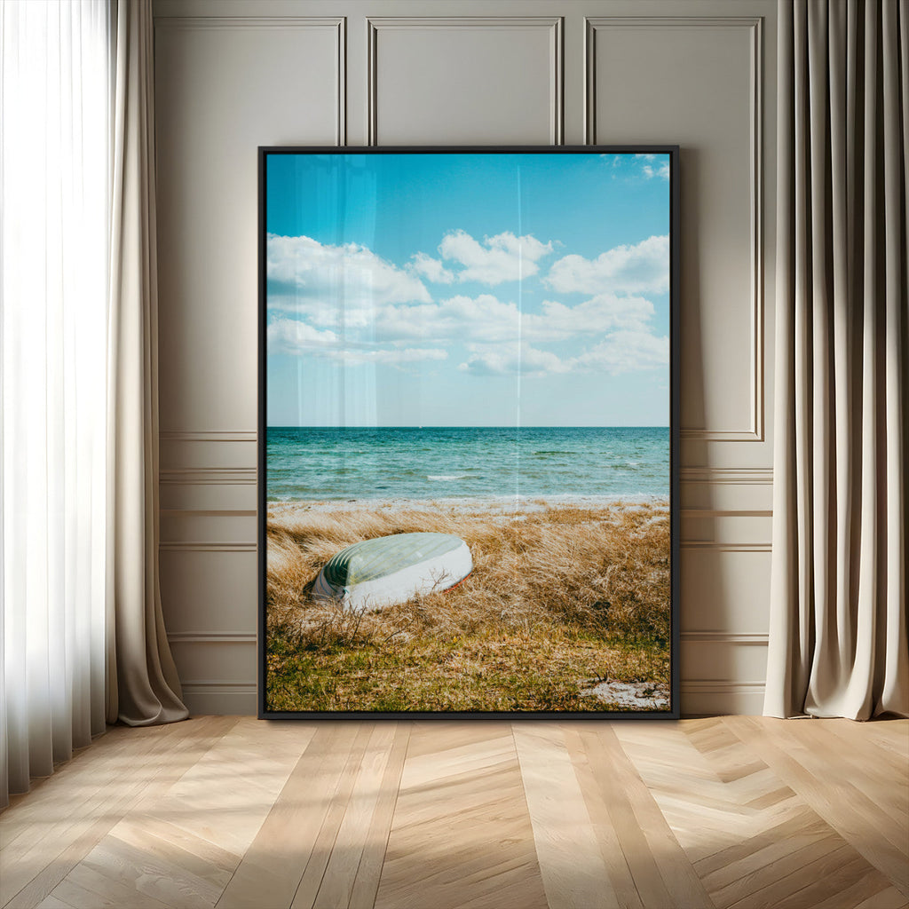 Coastal Serenity Wall Art Canvas Print, Framed Ocean View Art, Rustic Boat Nautical Coastal Decor