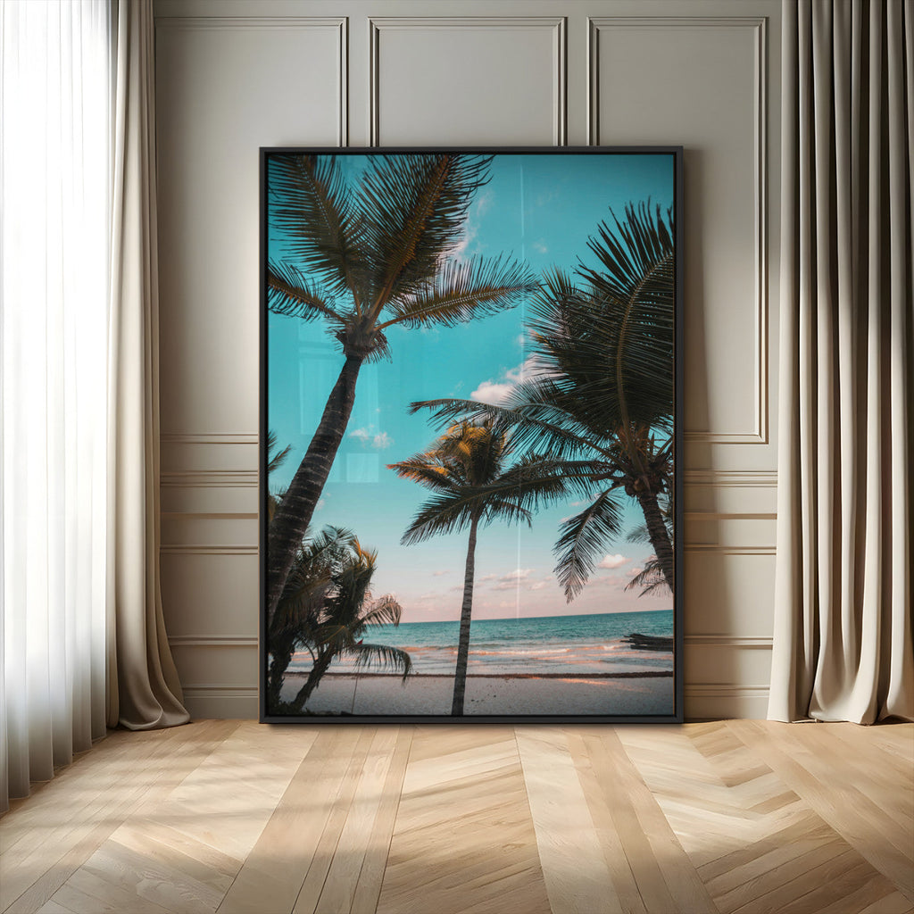 Palm Trees Wall Art Canvas Print, Framed Tropical Beach Art, Ocean Breeze Tropical Coastal Decor