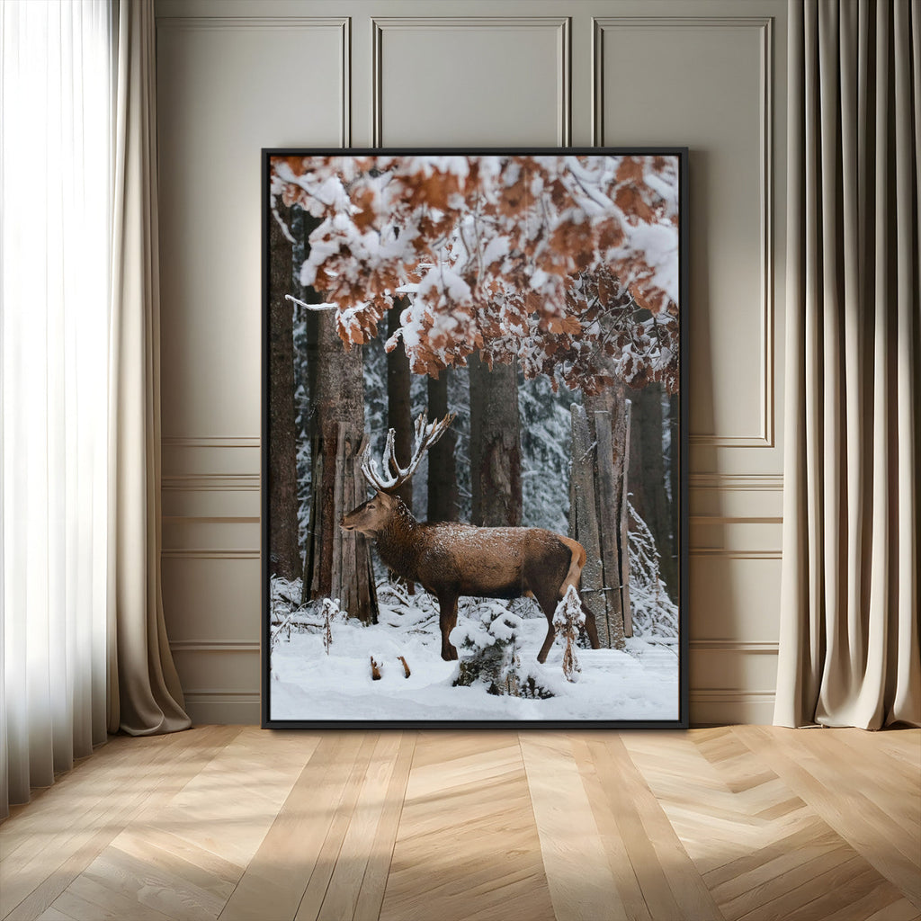 Serene Landscape Wall Art Canvas Print, Framed Winter Wonderland Deer Art, Rustic Cabin Decor