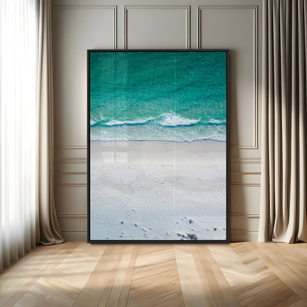 Turquoise Ocean Wall Art Canvas Print, Framed White Sand Shore Art, Gentle Waves Coastal Decor