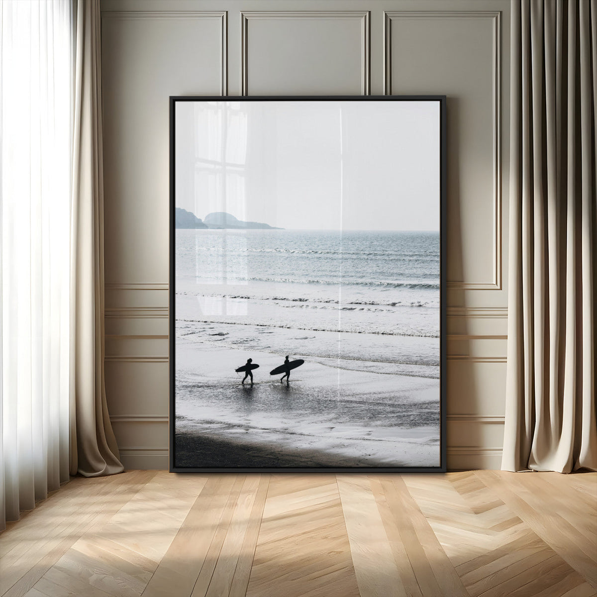 Surfer Silhouettes Wall Art Canvas Print, Framed Minimalist Ocean Art, Soft Horizon Coastal Decor