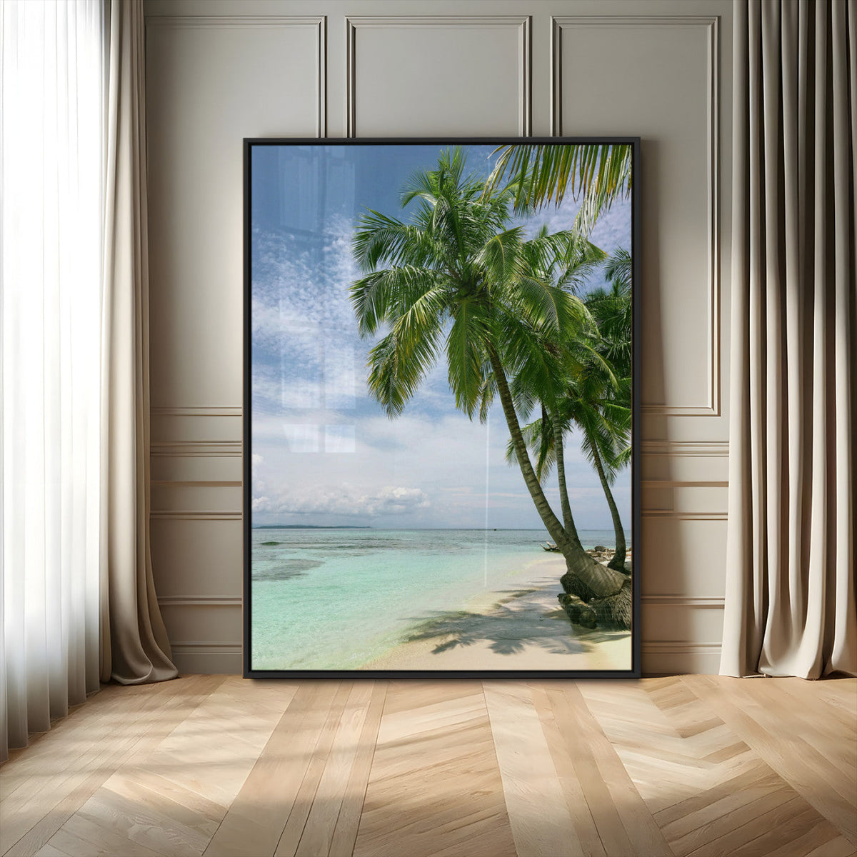 Tropical Beach Palm Trees Canvas Print, Framed Island Coastal Wall Art Ocean Horizon