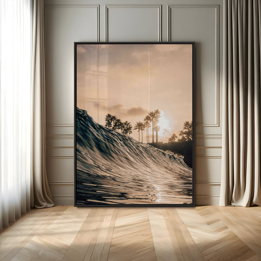 Sunset Wave Ocean Wall Art | Framed Palm Tree Canvas