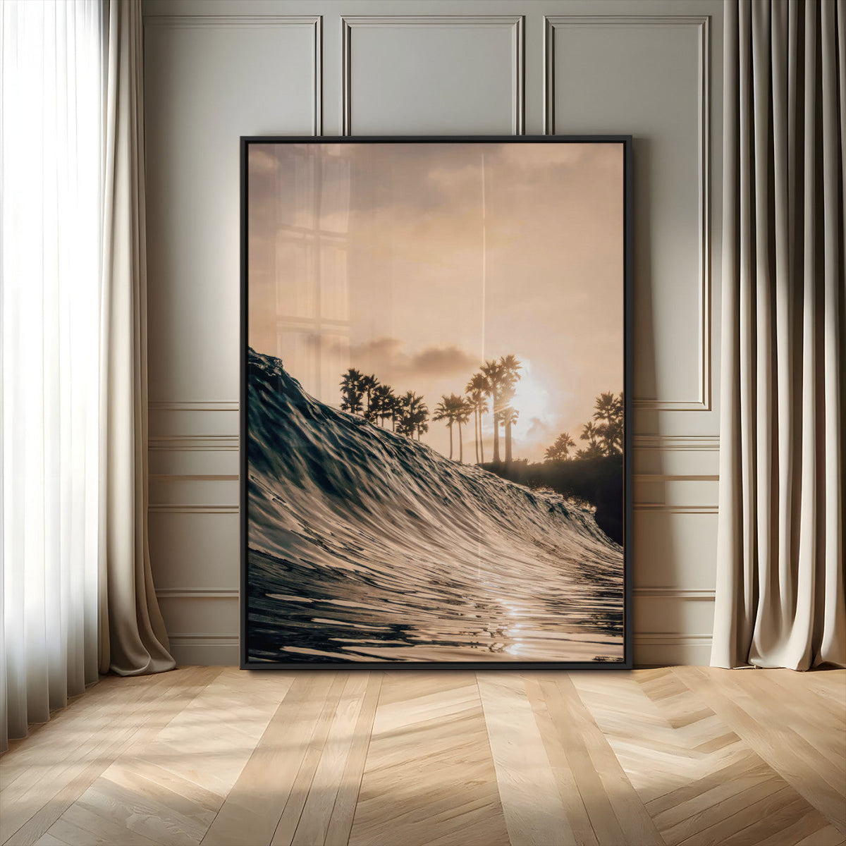 Sunset Wave Ocean Wall Art | Framed Palm Tree Canvas