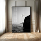 Silhouette Cliff Diver Wall Art | Framed Black White Ocean Canvas