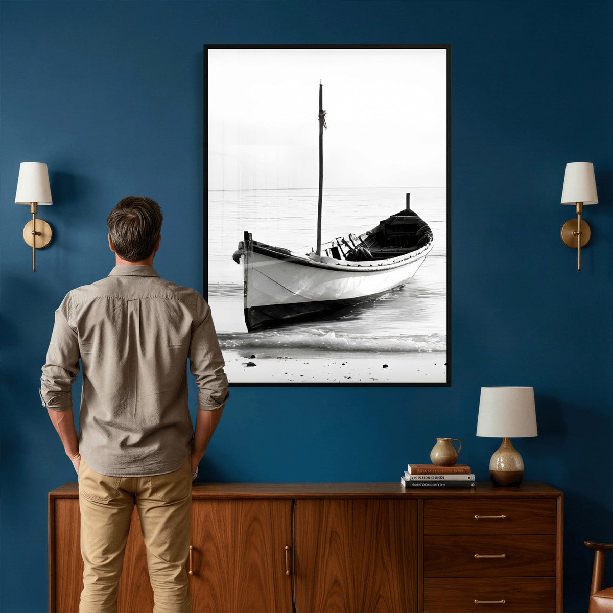 Minimal Boat Wall Art Canvas Print | Black and White Coastal Photography