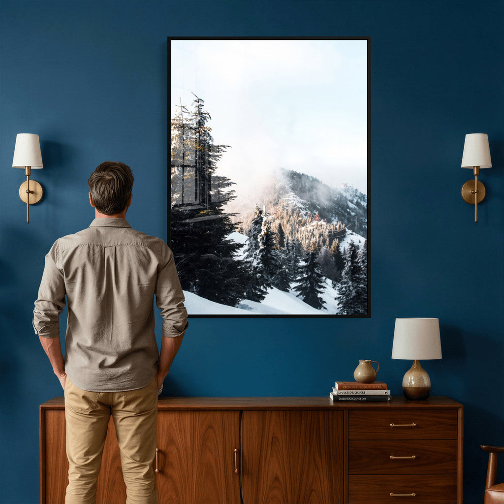 Snowy Mountain Forest Wall Art Canvas Print, Winter Pine Landscape