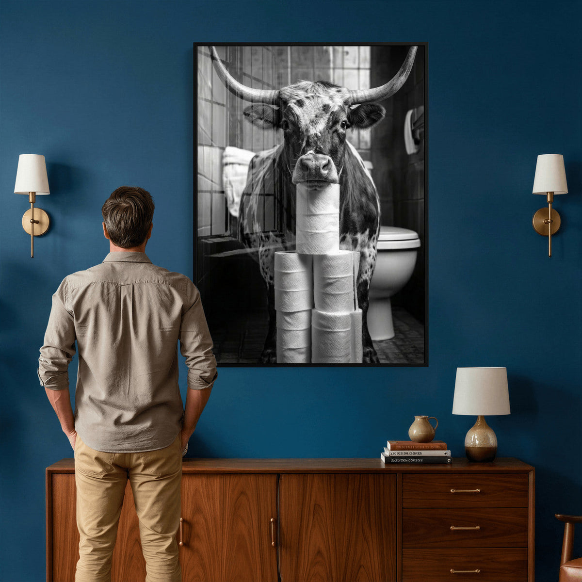 Texas Longhorn Cow Toilet Paper Canvas Wall Art, Funny Bathroom Decor