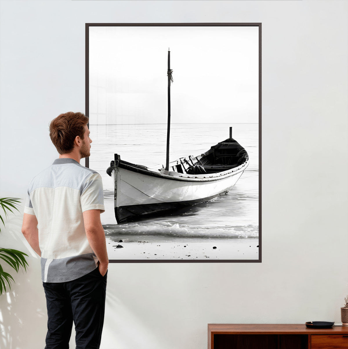 Minimal Boat Wall Art Canvas Print | Black and White Coastal Photography