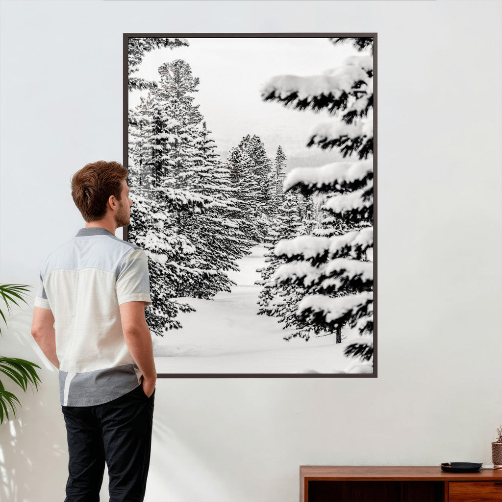 Winter Pine Forest Wall Art Canvas Print, Minimal Winter Landscape