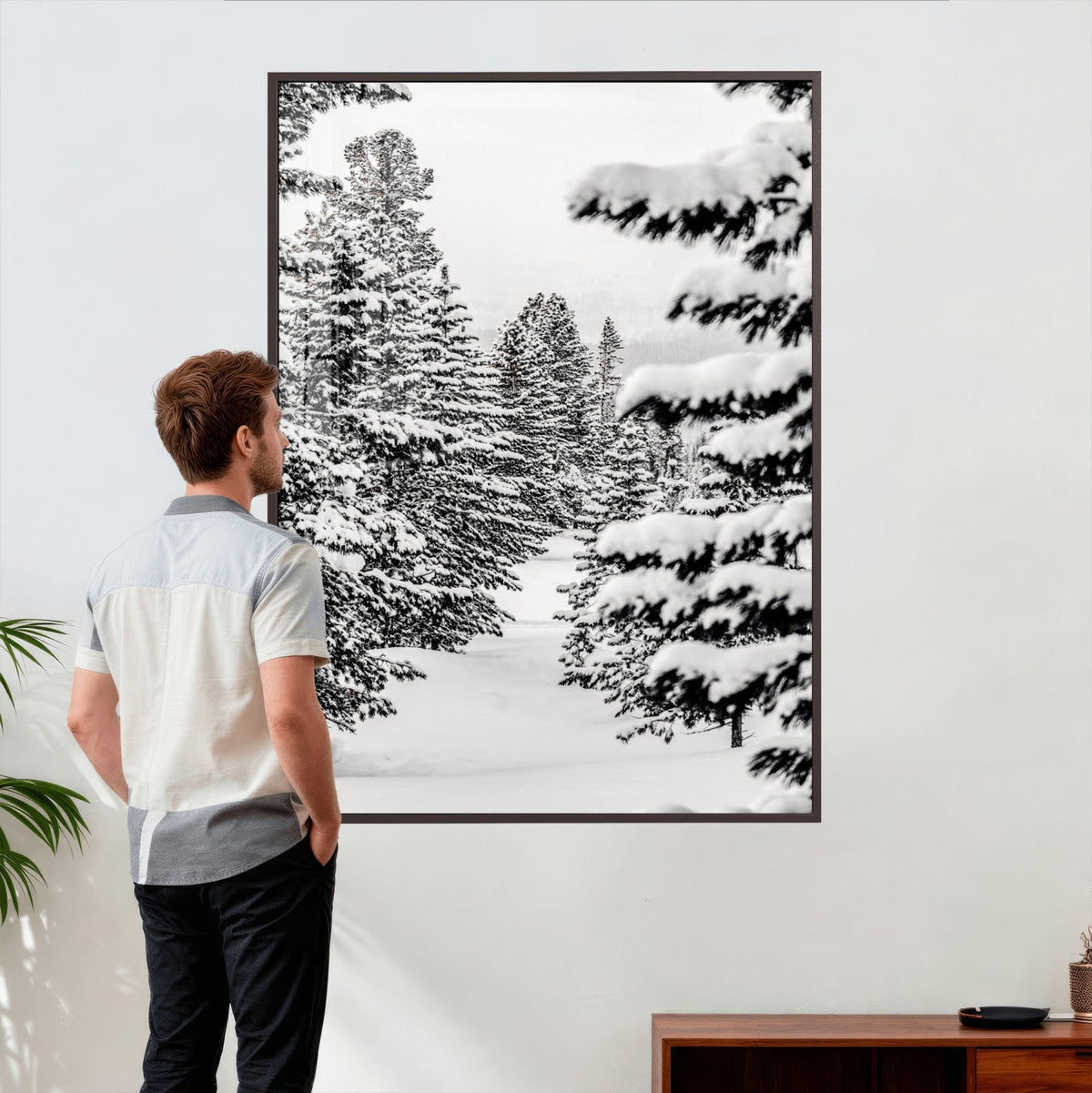 Winter Pine Forest Wall Art Canvas Print, Minimal Winter Landscape