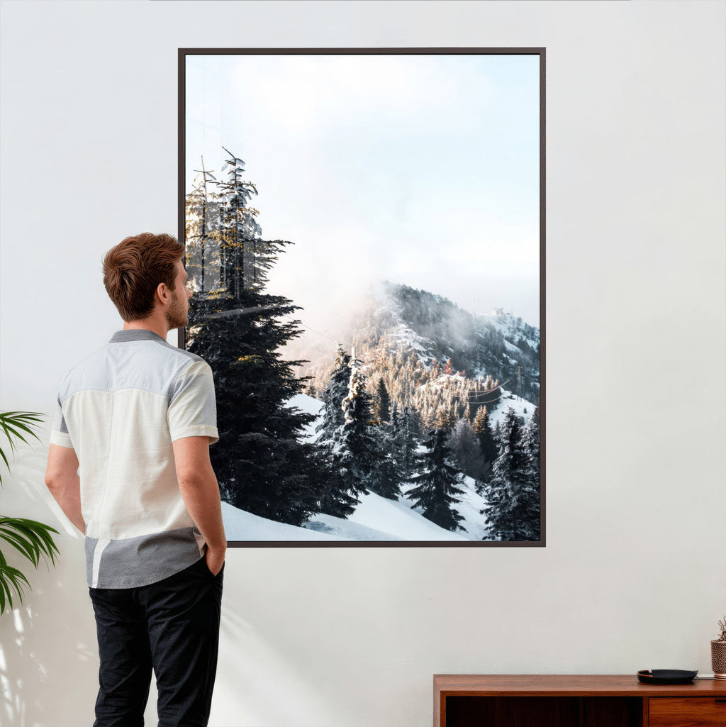 Snowy Mountain Forest Wall Art Canvas Print, Winter Pine Landscape