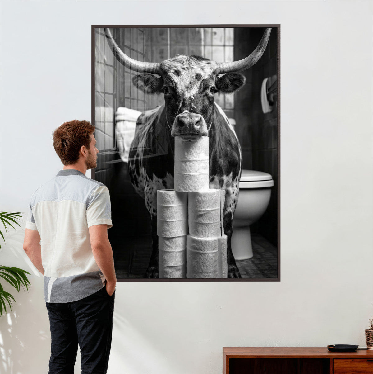 Texas Longhorn Cow Toilet Paper Canvas Wall Art, Funny Bathroom Decor