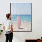 Pink Surfboard Canvas Wall Art, Minimalist Beach Photography
