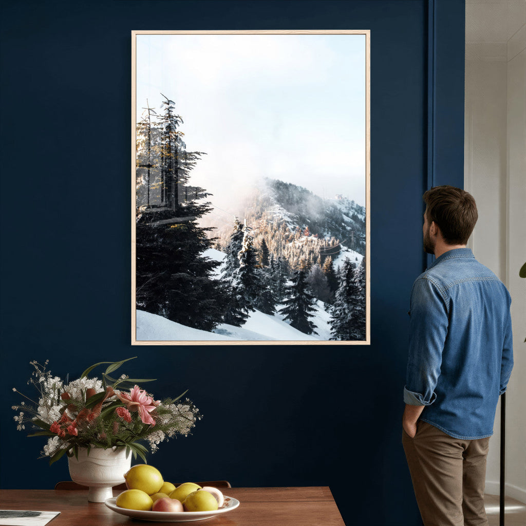 Snowy Mountain Forest Wall Art Canvas Print, Winter Pine Landscape