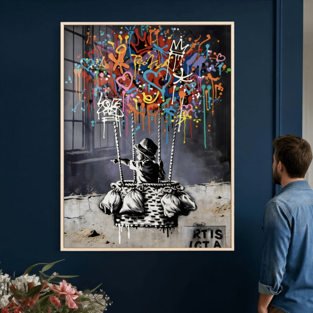 Banksy Inspired Boy Wall Art Canvas Print, Graffiti Balloon Hearts Street Art