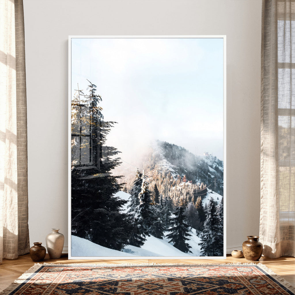 Snowy Mountain Forest Wall Art Canvas Print, Winter Pine Landscape