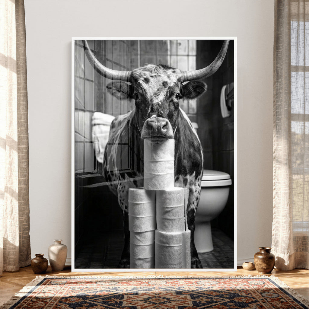 Texas Longhorn Cow Toilet Paper Canvas Wall Art, Funny Bathroom Decor