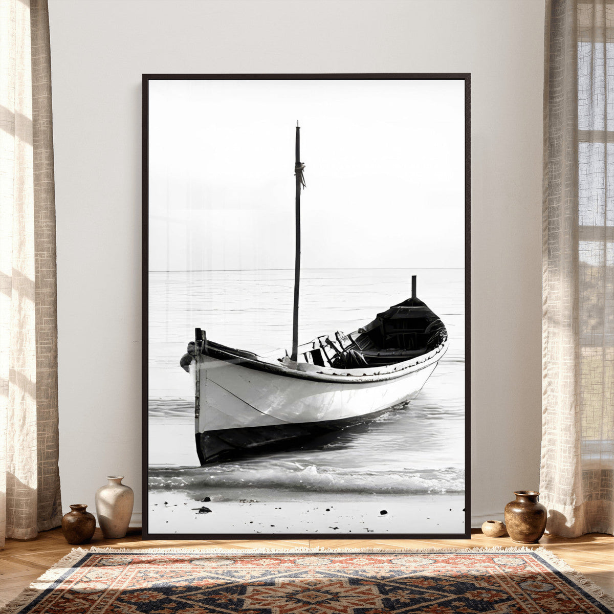 Minimal Boat Wall Art Canvas Print | Black and White Coastal Photography