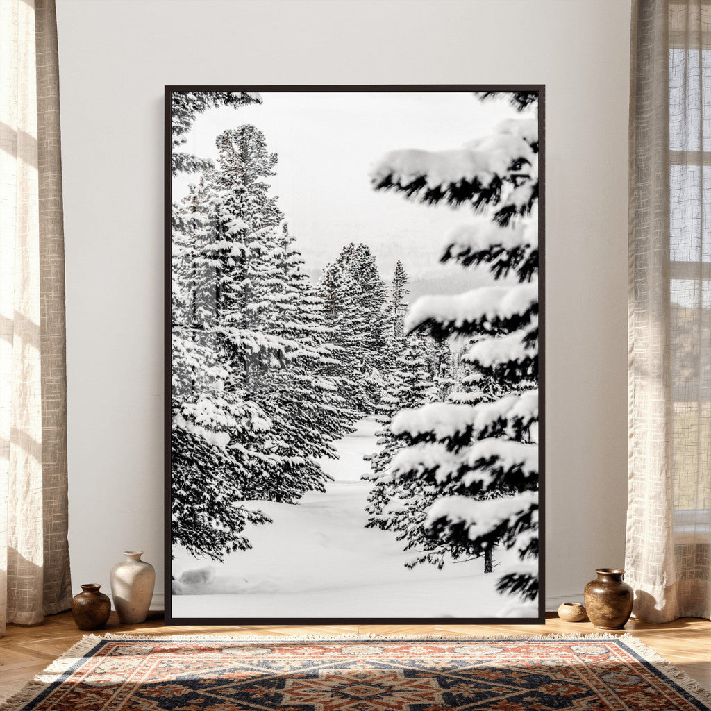 Winter Pine Forest Wall Art Canvas Print, Minimal Winter Landscape