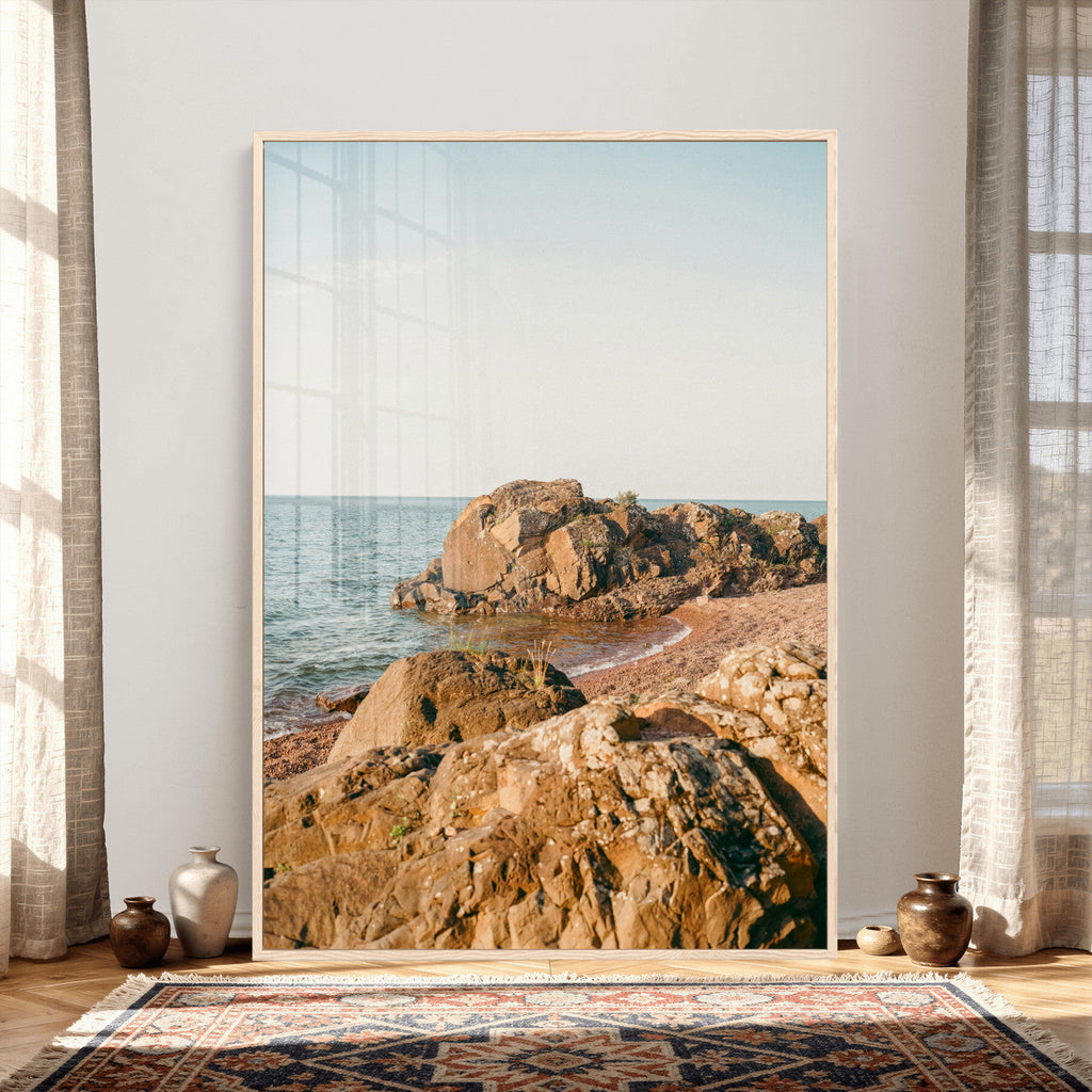 Rocky Coastline Wall Art Canvas Print, Minimal Coastal Landscape