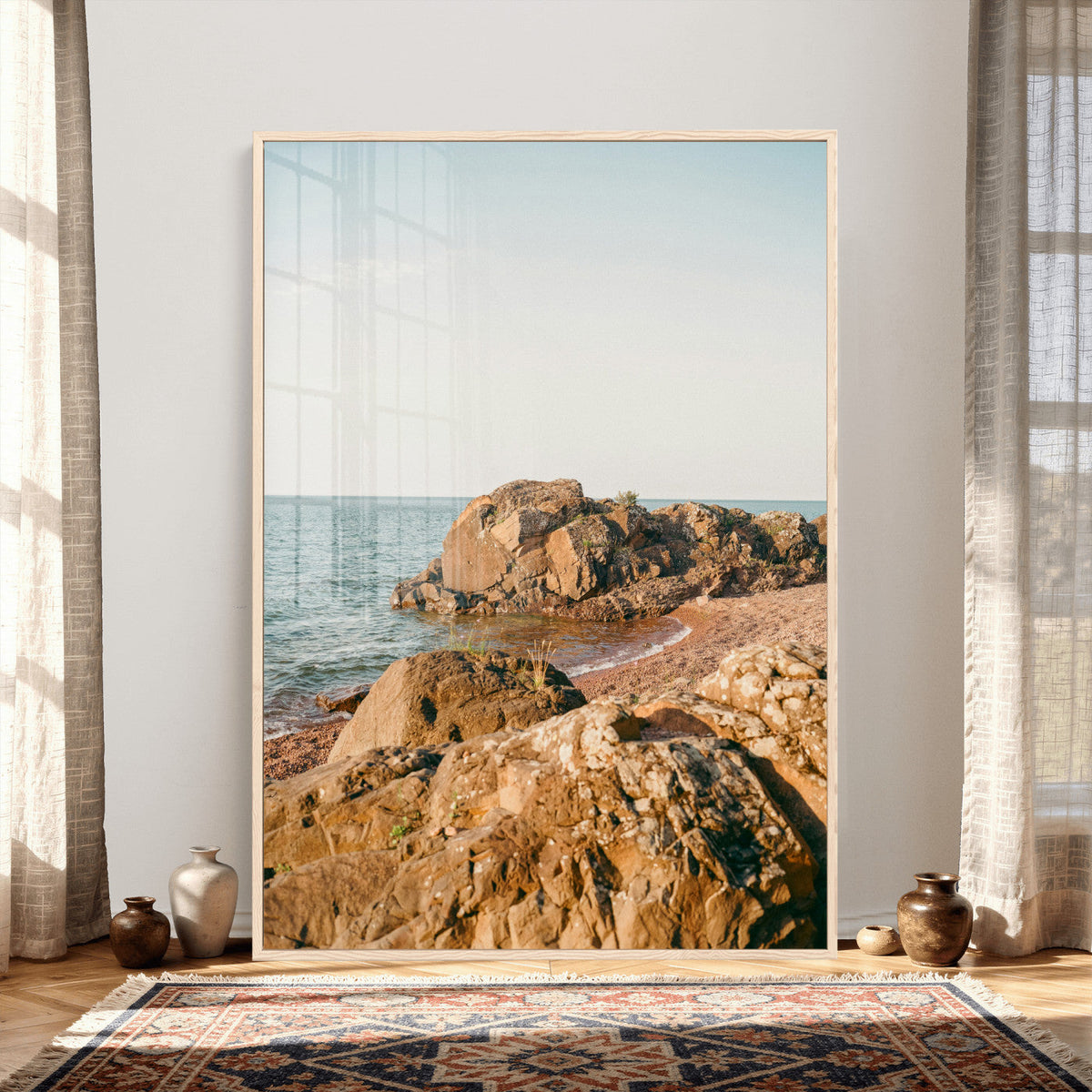 Rocky Coastline Wall Art Canvas Print, Minimal Coastal Landscape