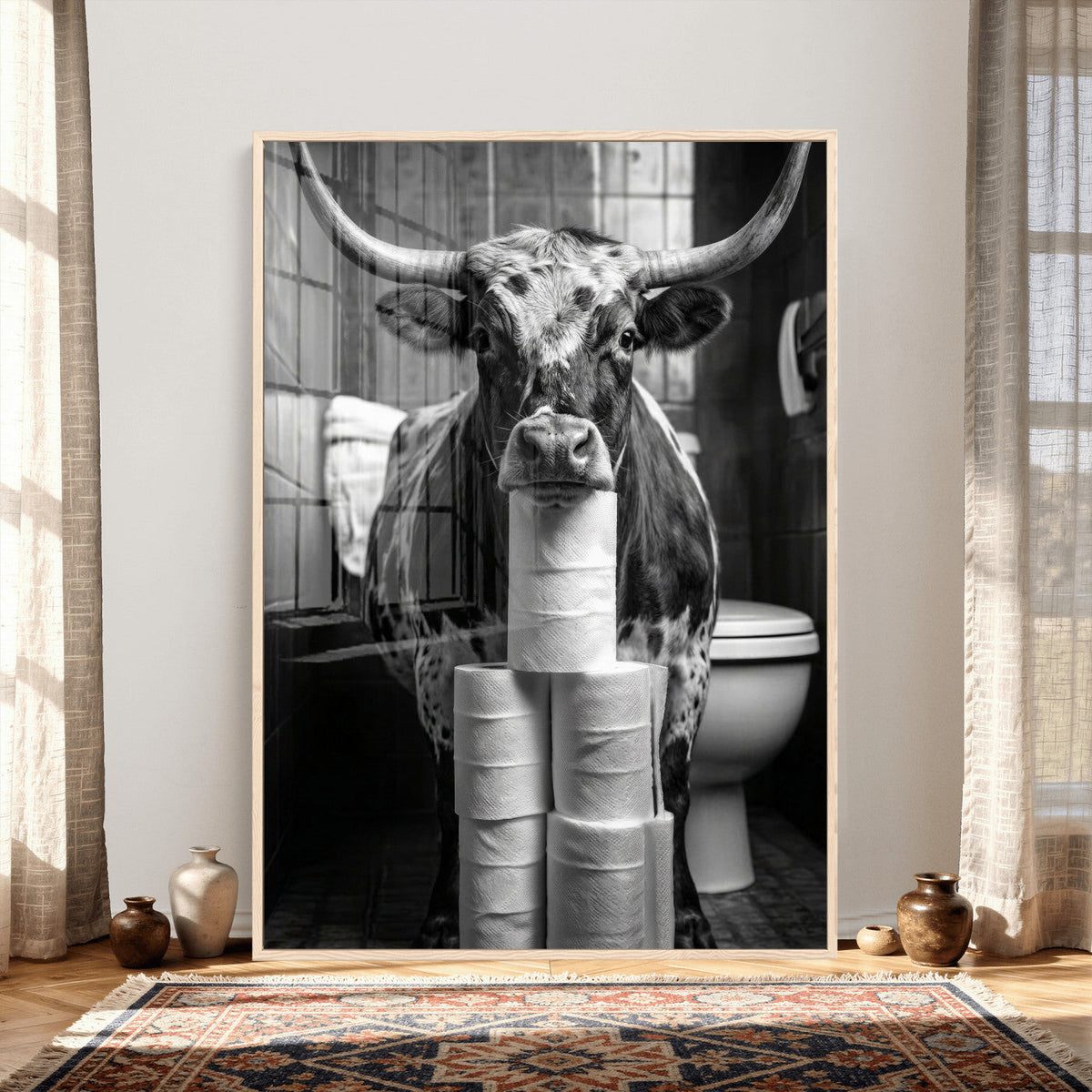 Texas Longhorn Cow Toilet Paper Canvas Wall Art, Funny Bathroom Decor