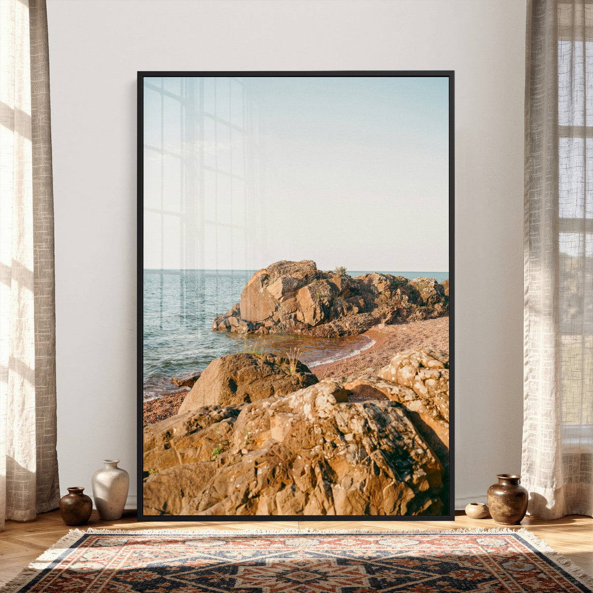 Rocky Coastline Wall Art Canvas Print, Minimal Coastal Landscape