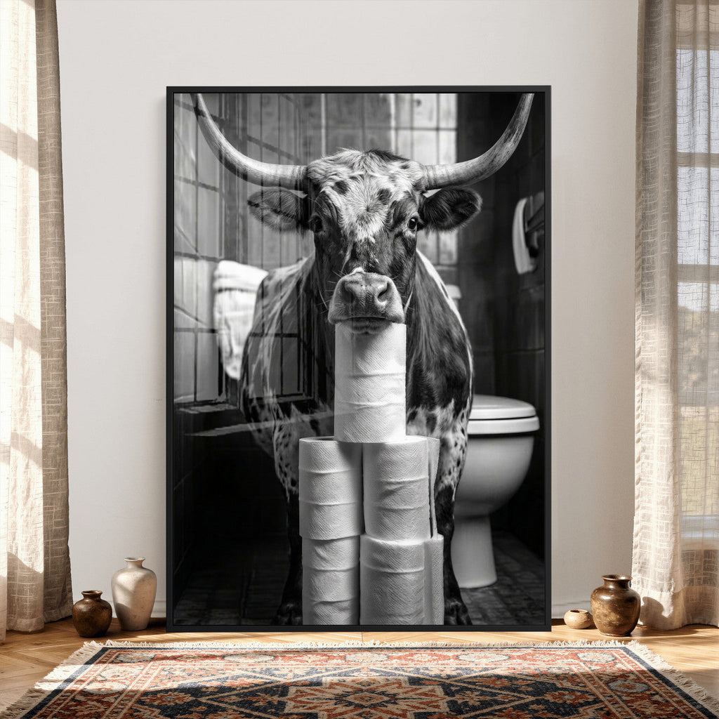 Texas Longhorn Cow Toilet Paper Canvas Wall Art, Funny Bathroom Decor