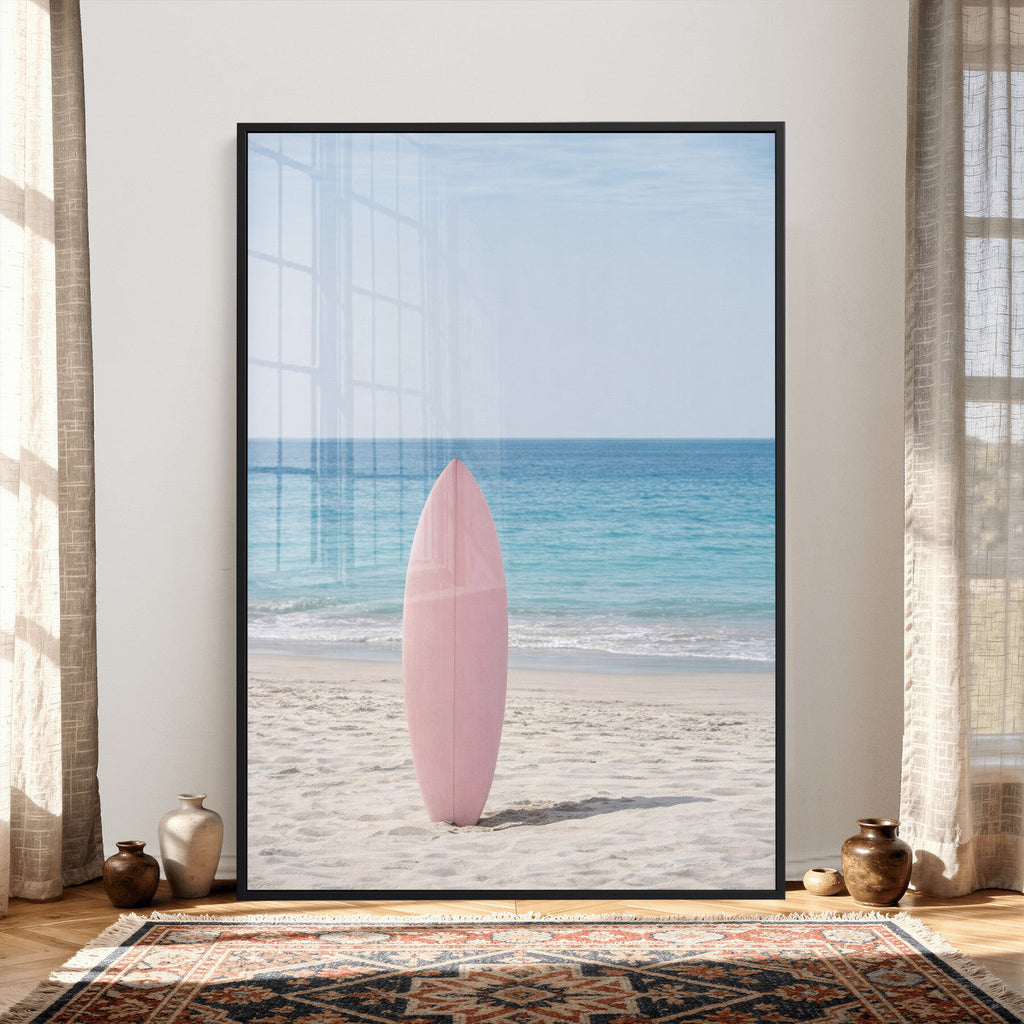 Pink Surfboard Canvas Wall Art, Minimalist Beach Photography