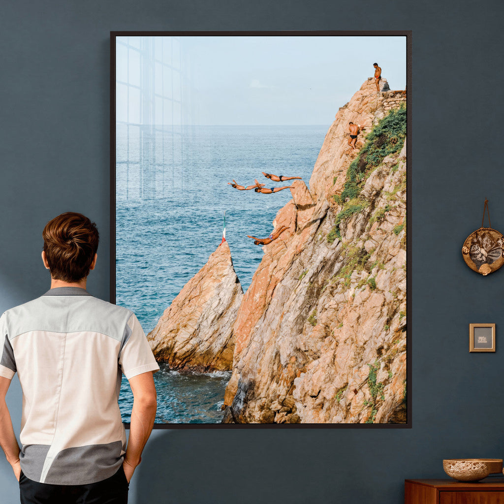 Cliff Dive Wall Art | Ocean Jump Canvas Print, Blue Sky
