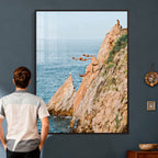 Cliff Dive Wall Art | Ocean Jump Canvas Print, Blue Sky