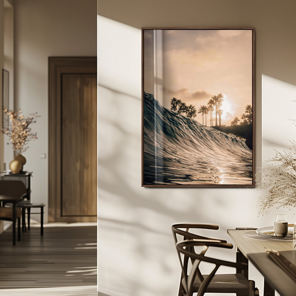Sunset Wave Ocean Wall Art | Framed Palm Tree Canvas