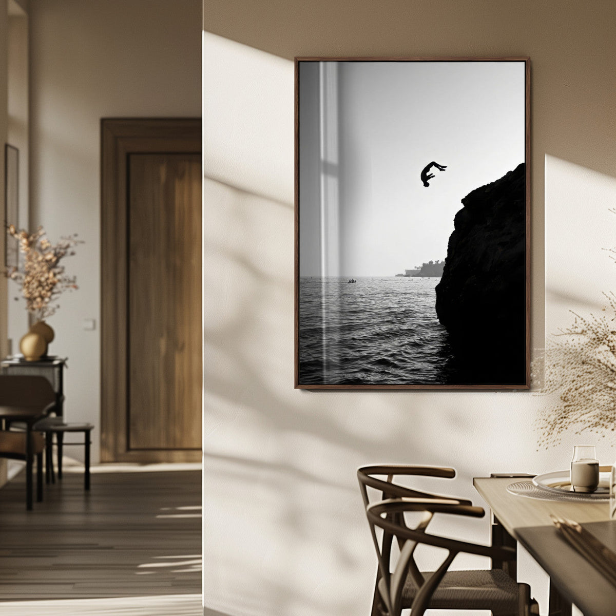 Silhouette Cliff Diver Wall Art | Framed Black White Ocean Canvas