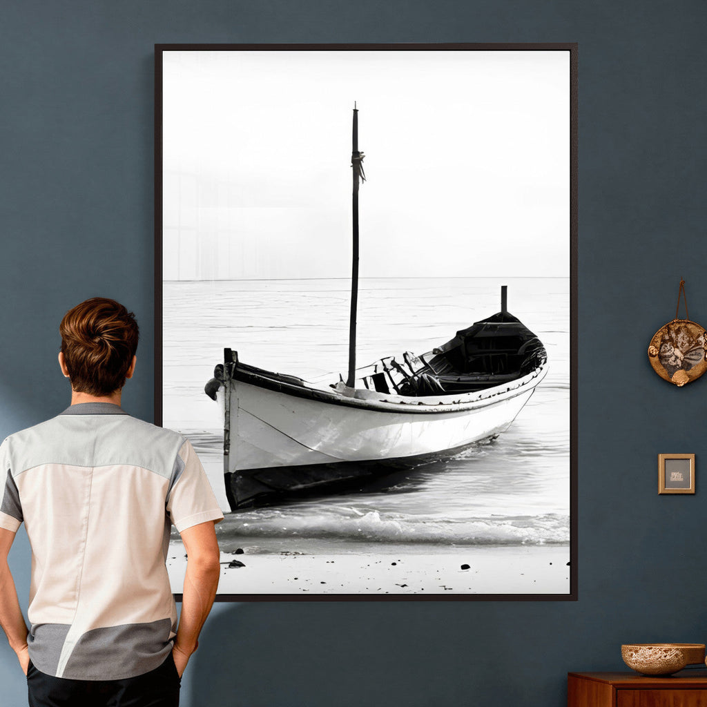 Minimal Boat Wall Art Canvas Print | Black and White Coastal Photography