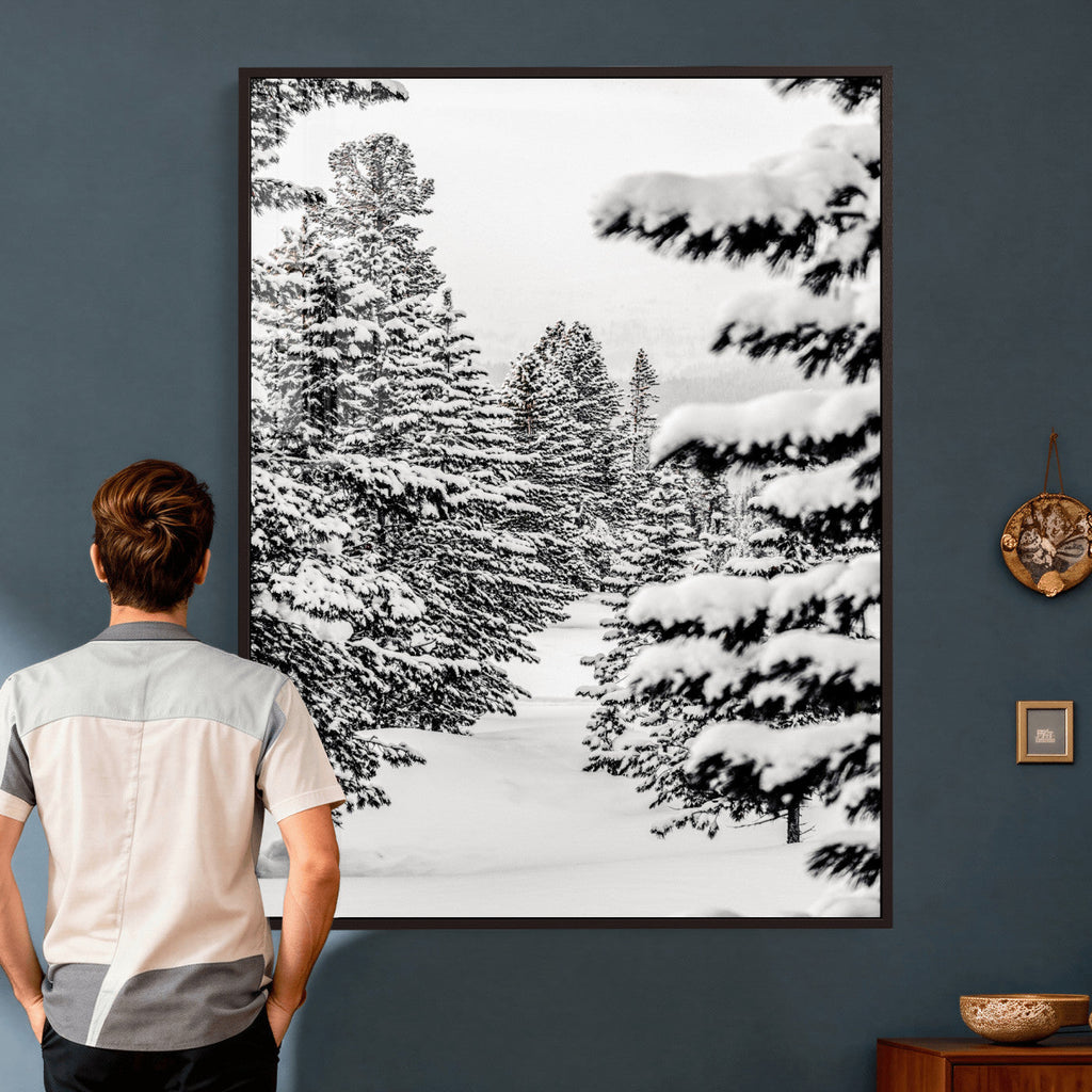 Winter Pine Forest Wall Art Canvas Print, Minimal Winter Landscape